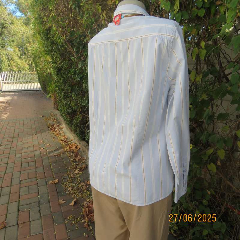 WOOLWORTHS long sleeve baby blue shirt with white-tan vertical stripes. Size 42