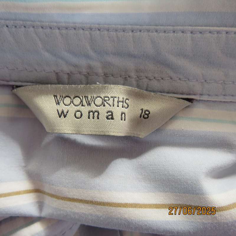 WOOLWORTHS long sleeve baby blue shirt with white-tan vertical stripes. Size 42
