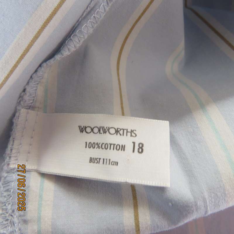 WOOLWORTHS long sleeve baby blue shirt with white-tan vertical stripes. Size 42