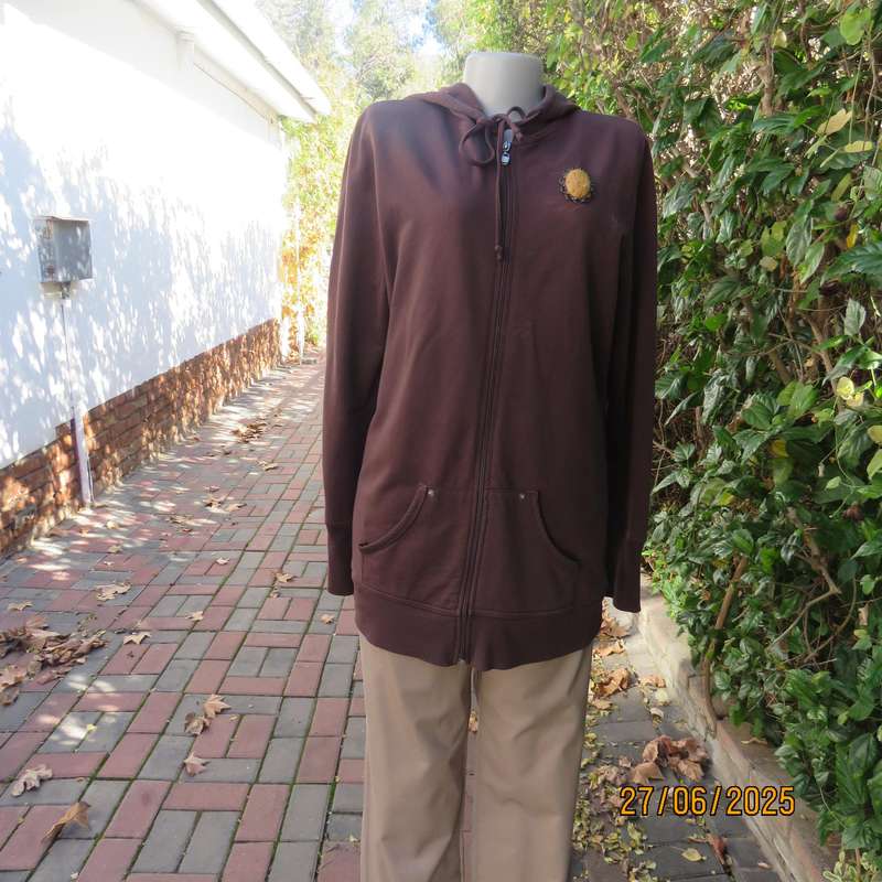 MERIEN HALL choc brown zip-up long sleeve hoodie polycotton jacket. Size 40