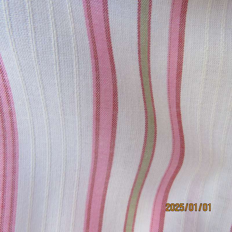 HORIZIN cool white cotton pink-green vertical striped top. Embossed lines. Size 42. Open collar.