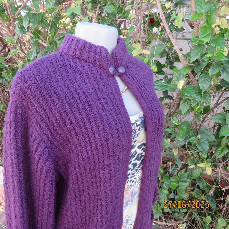 PAUL VIVALDI thick double knit purple cardigan size 38. High collar-button and loop closure.
