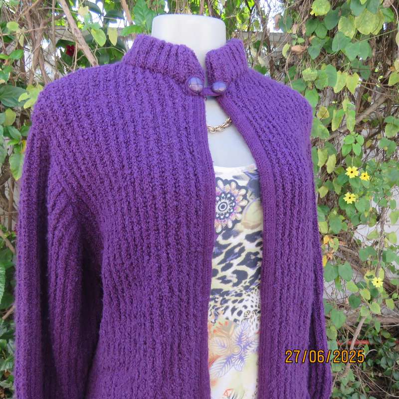 PAUL VIVALDI thick double knit purple cardigan size 38. High collar-button and loop closure.