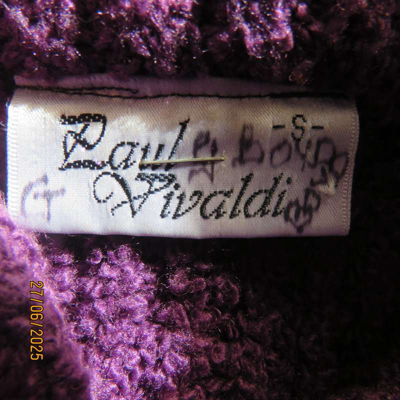 PAUL VIVALDI thick double knit purple cardigan size 38. High collar-button and loop closure.