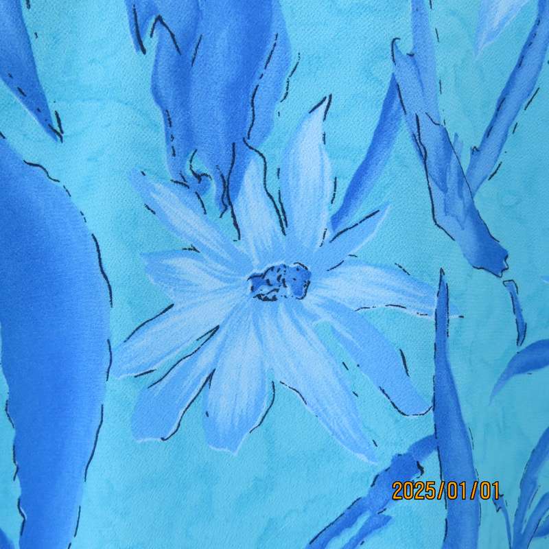 Beautiful in blue. Floral short sleeve polyester top with button down front and open collar. Size 40
