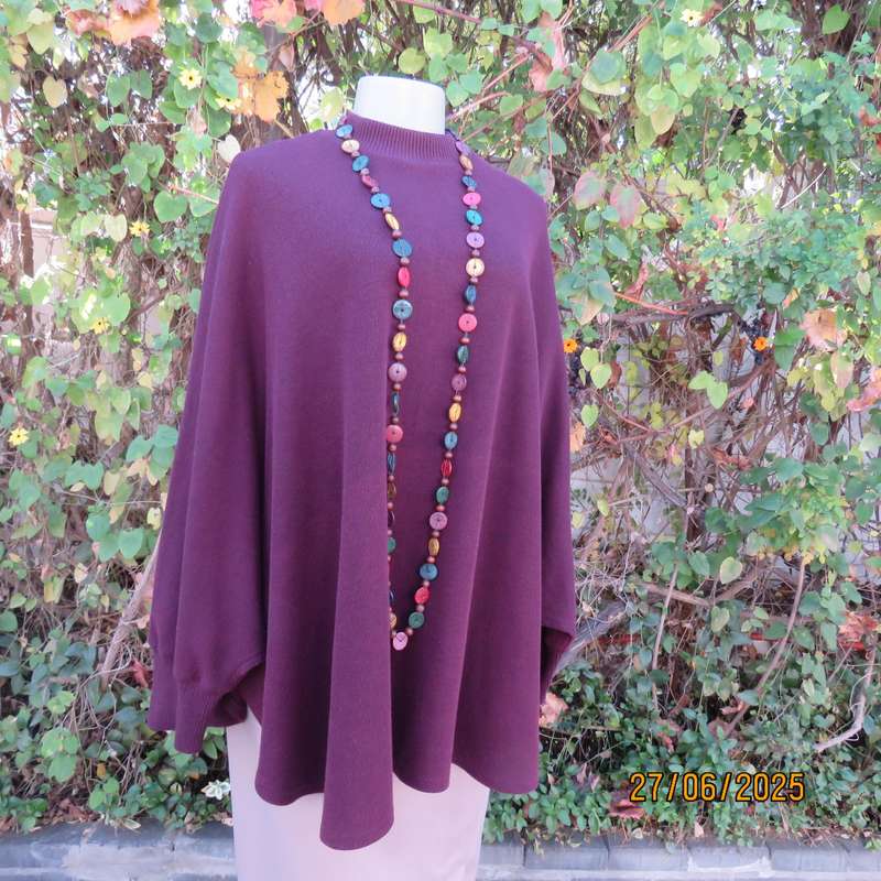 PENNY C dark plum crew neck poncho with cut on elbow sleeves. Size 38-44.