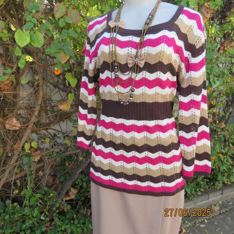 Zig Zag pattern acrylic knit top in brown-white0cream and magenta pink. Size 40