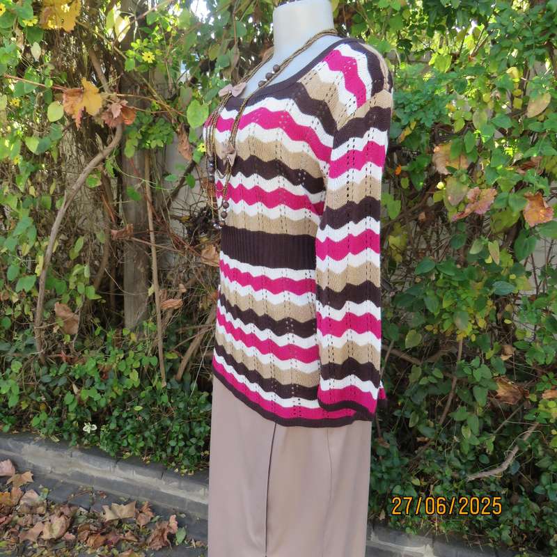 Zig Zag pattern acrylic knit top in brown-white0cream and magenta pink. Size 40