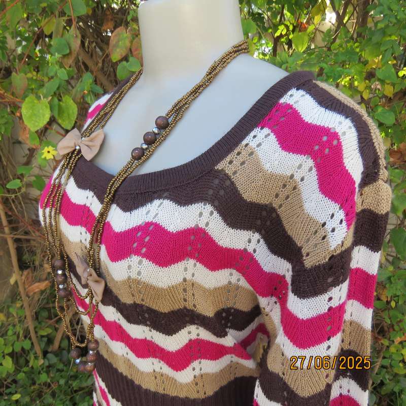 Zig Zag pattern acrylic knit top in brown-white0cream and magenta pink. Size 40