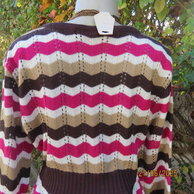 Zig Zag pattern acrylic knit top in brown-white0cream and magenta pink. Size 40