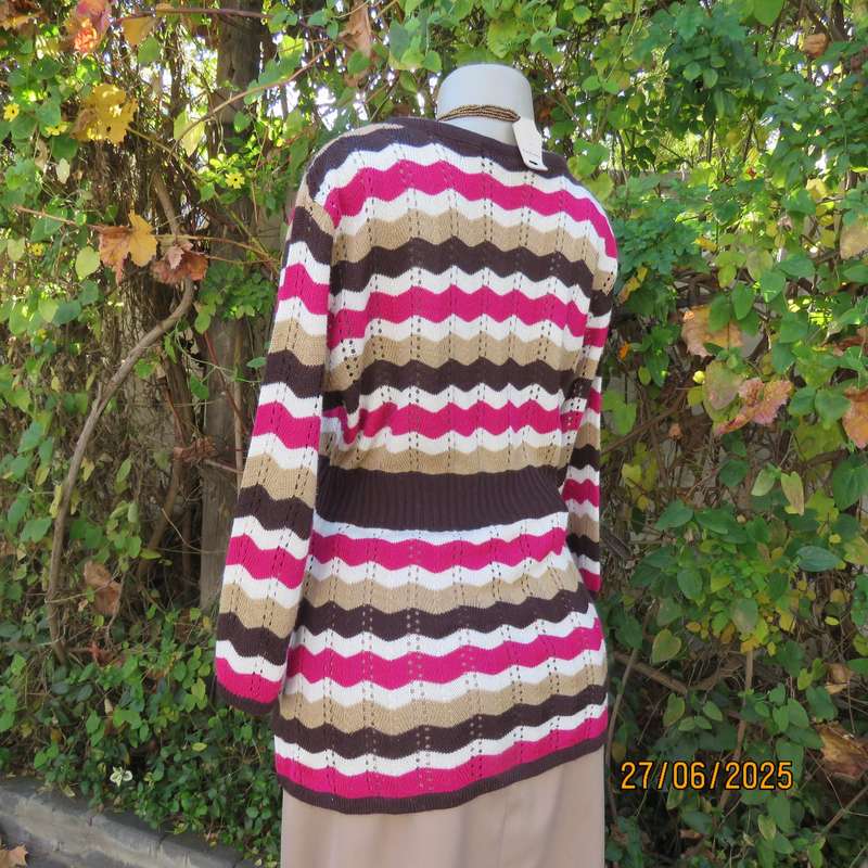 Zig Zag pattern acrylic knit top in brown-white0cream and magenta pink. Size 40