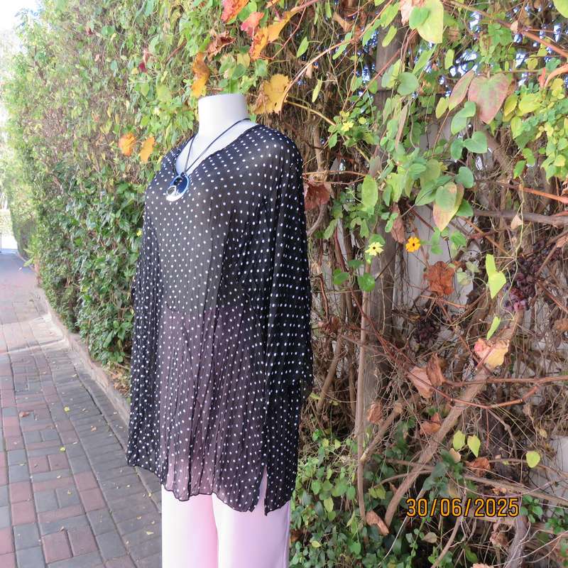 DONNA CLAIRE sheer black-white polkadot pleated top. Size 48. Open elbow sleeves.