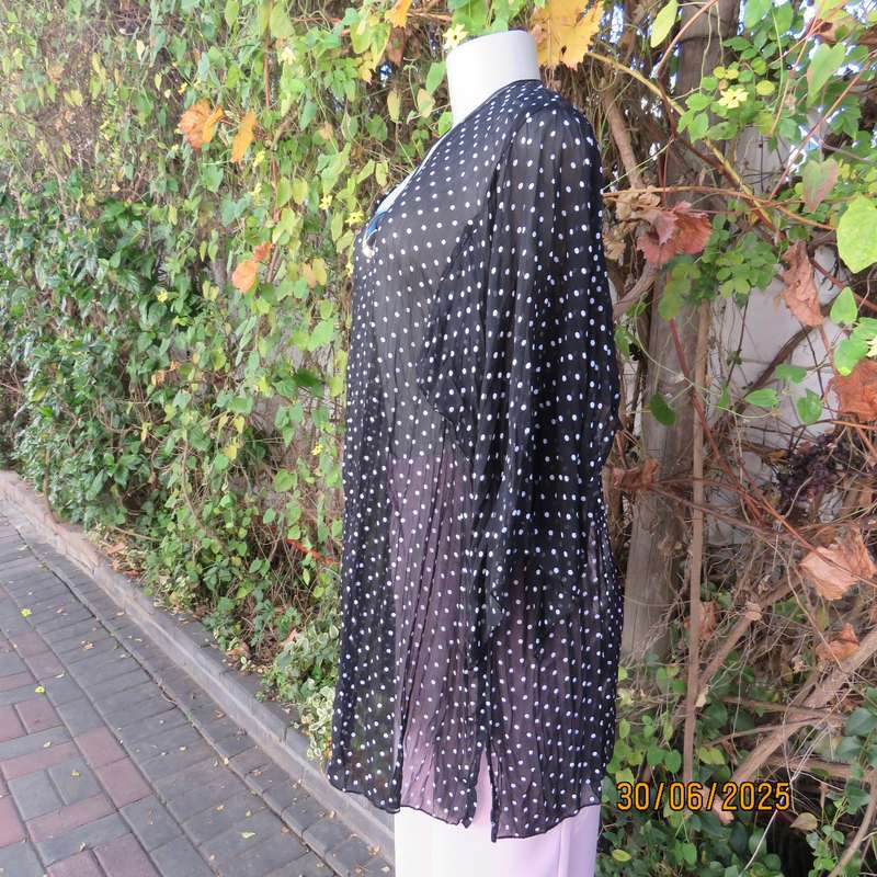 DONNA CLAIRE sheer black-white polkadot pleated top. Size 48. Open elbow sleeves.