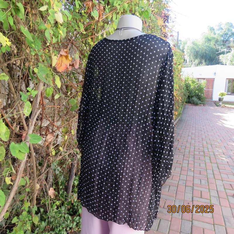 DONNA CLAIRE sheer black-white polkadot pleated top. Size 48. Open elbow sleeves.