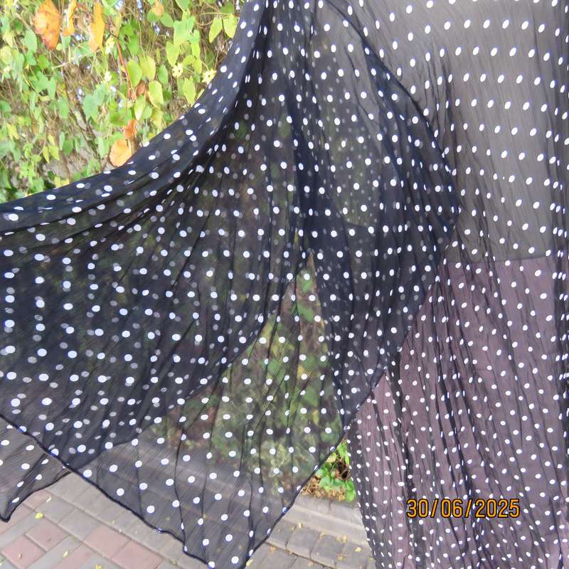 DONNA CLAIRE sheer black-white polkadot pleated top. Size 48. Open elbow sleeves.