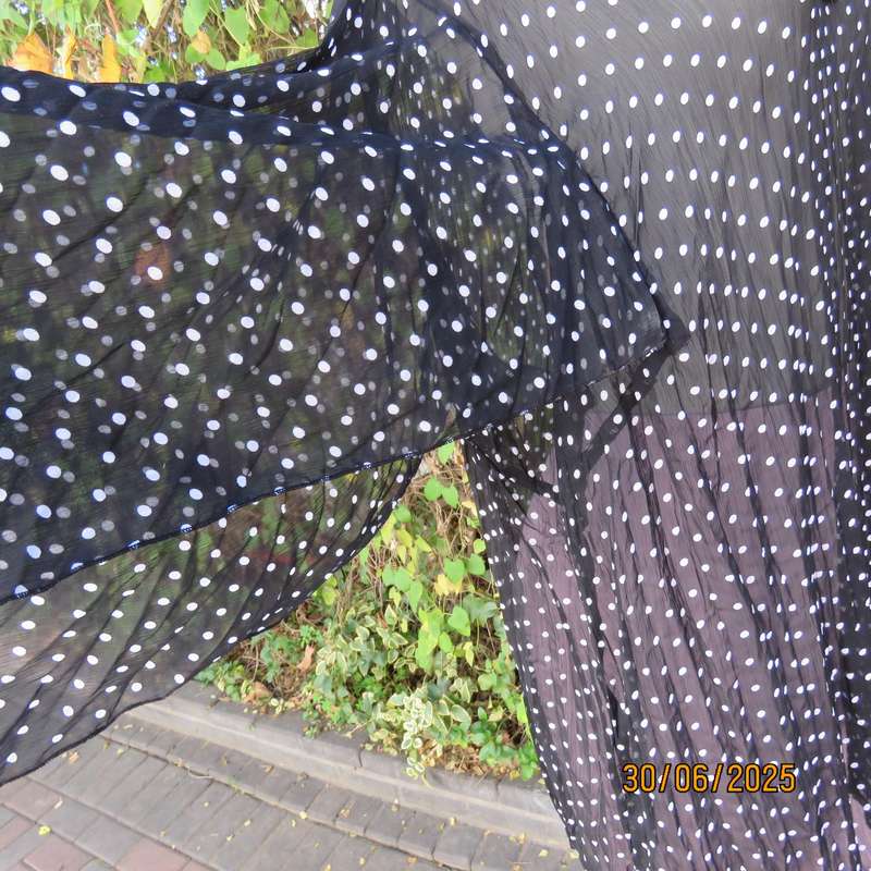 DONNA CLAIRE sheer black-white polkadot pleated top. Size 48. Open elbow sleeves.