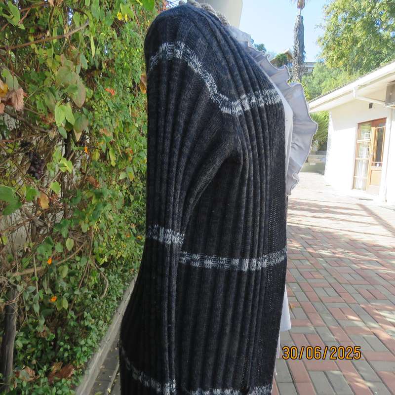 Navy-grey acrylic knit extra long open jacket. White horizontal stripe. Size 34