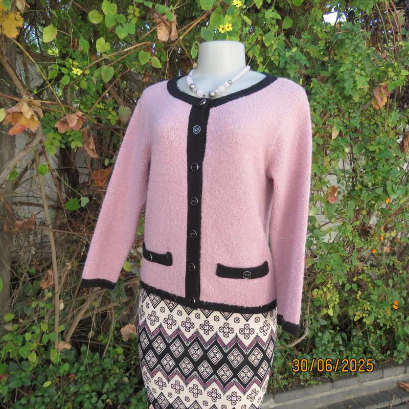 TRUWORTHS blossom pink with silver thread button down acrylic knit cardigan. Black ribbings.Size 36