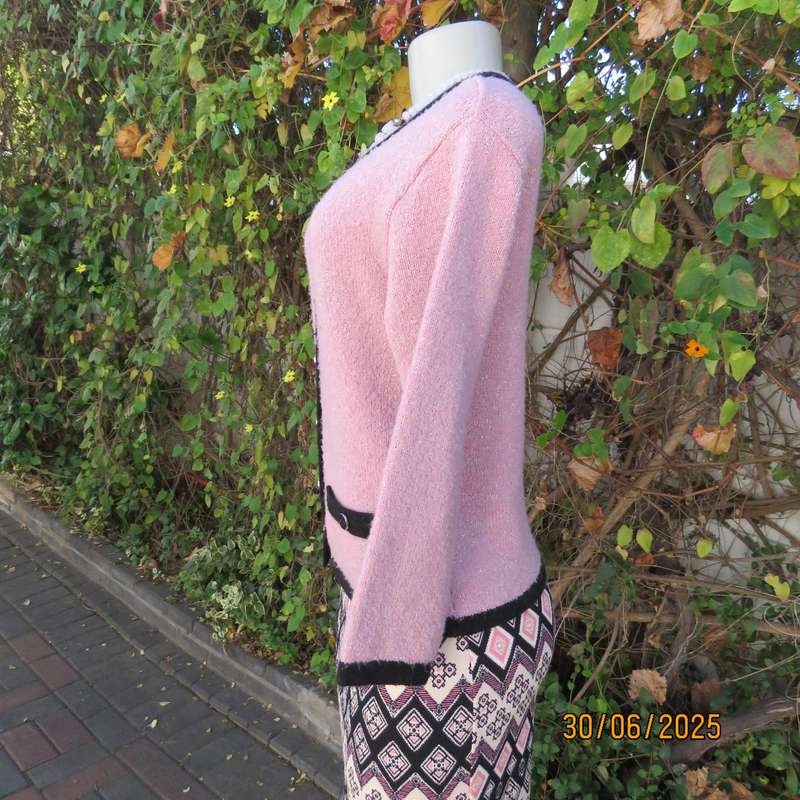 TRUWORTHS blossom pink with silver thread button down acrylic knit cardigan. Black ribbings.Size 36