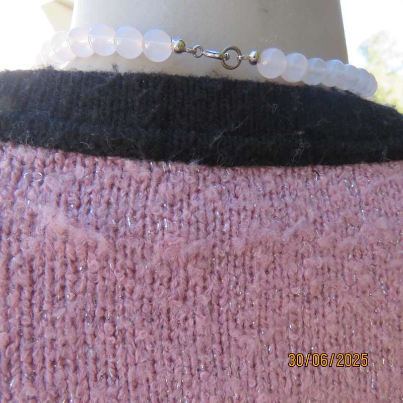 TRUWORTHS blossom pink with silver thread button down acrylic knit cardigan. Black ribbings.Size 36