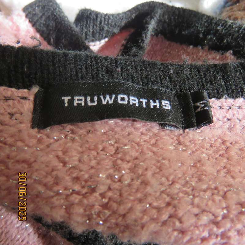 TRUWORTHS blossom pink with silver thread button down acrylic knit cardigan. Black ribbings.Size 36