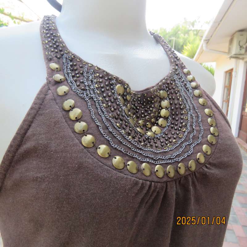 CAMAIEU French brand cool 100% cotton brown halter neck top. Size 34. Richly front embellishment.