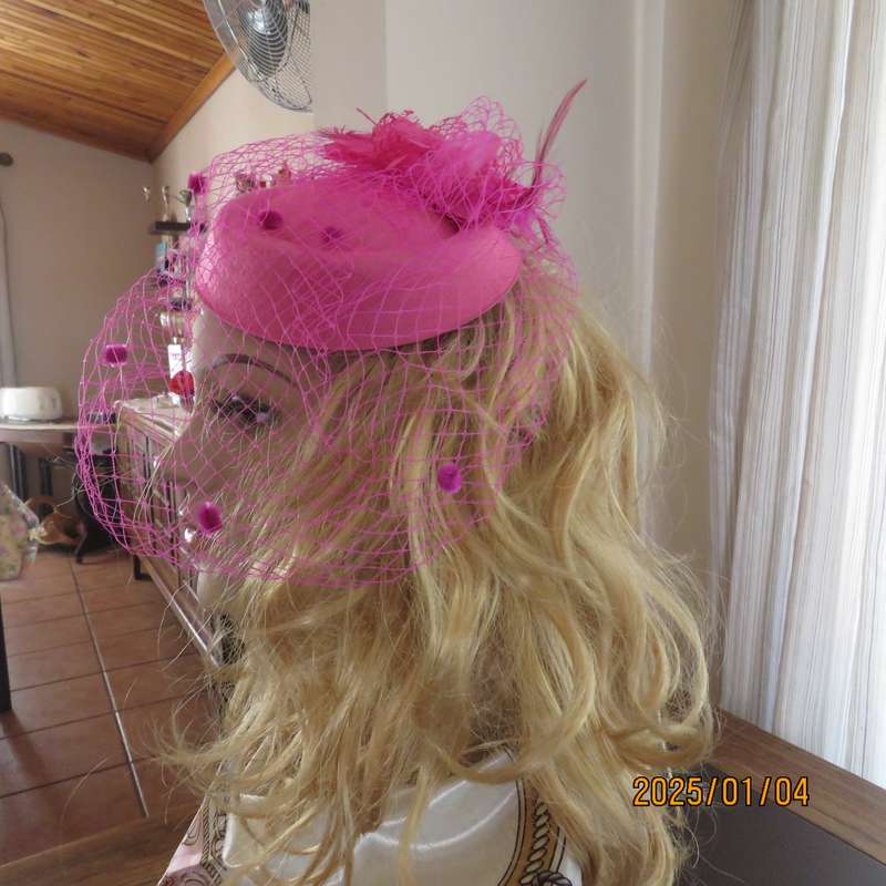 Magenta pink pillbox style fascinator.Netting on front.Flower and feathers. Thin satin alice band.
