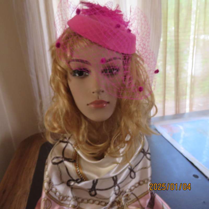 Magenta pink pillbox style fascinator.Netting on front.Flower and feathers. Thin satin alice band.