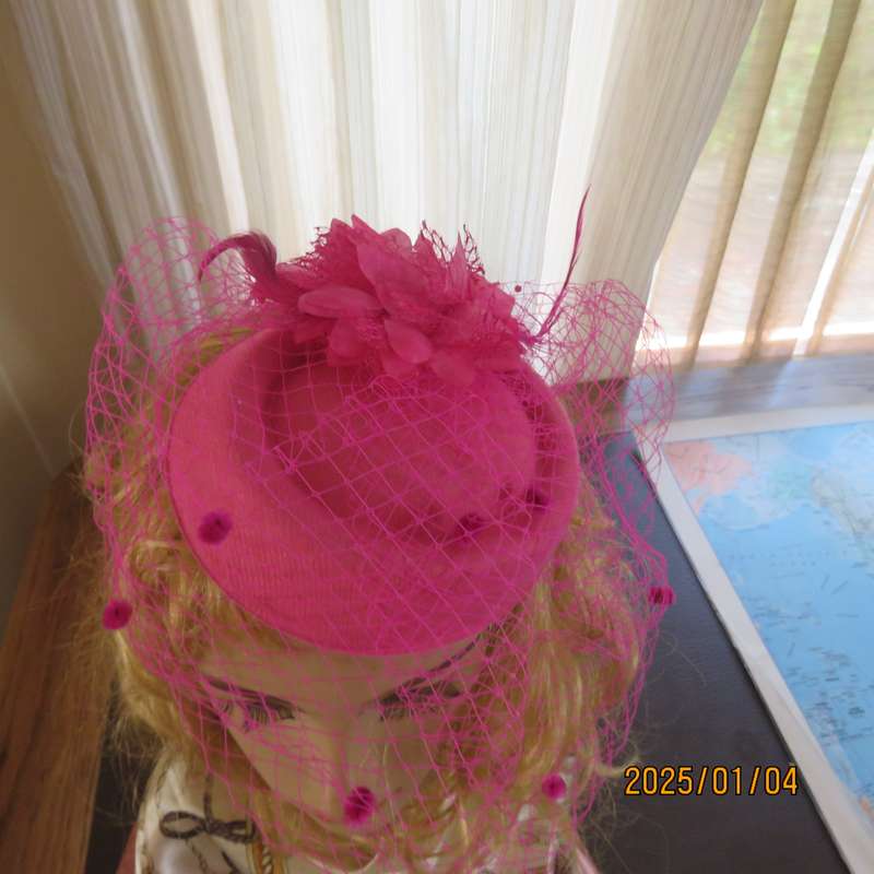 Magenta pink pillbox style fascinator.Netting on front.Flower and feathers. Thin satin alice band.