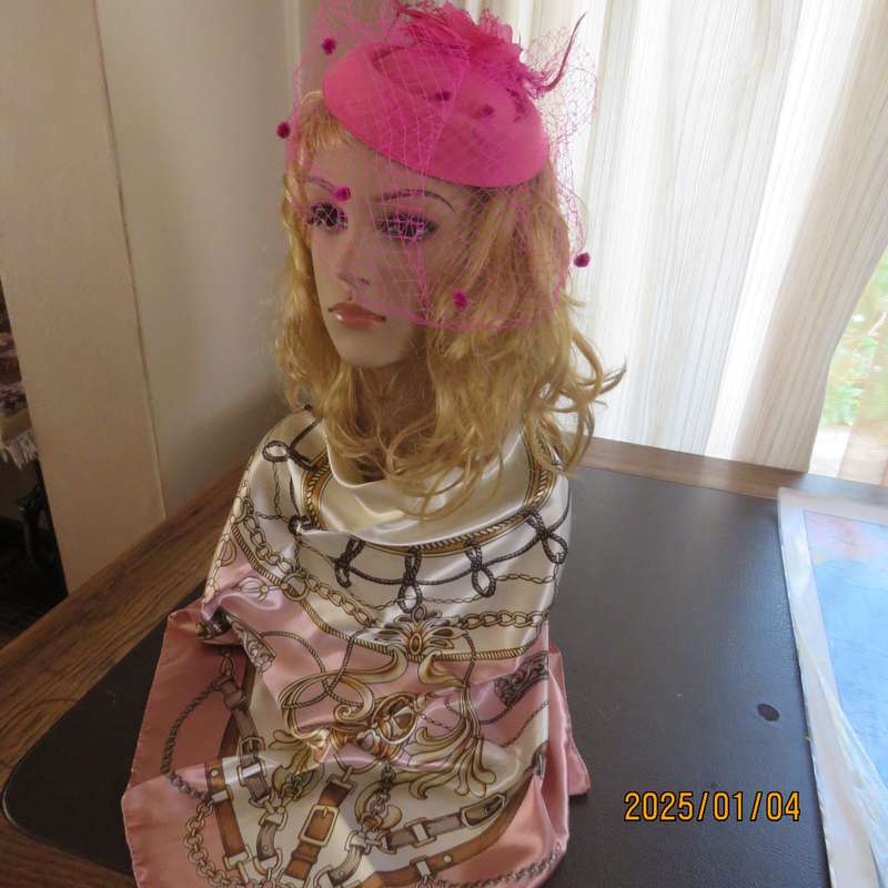 Magenta pink pillbox style fascinator.Netting on front.Flower and feathers. Thin satin alice band.