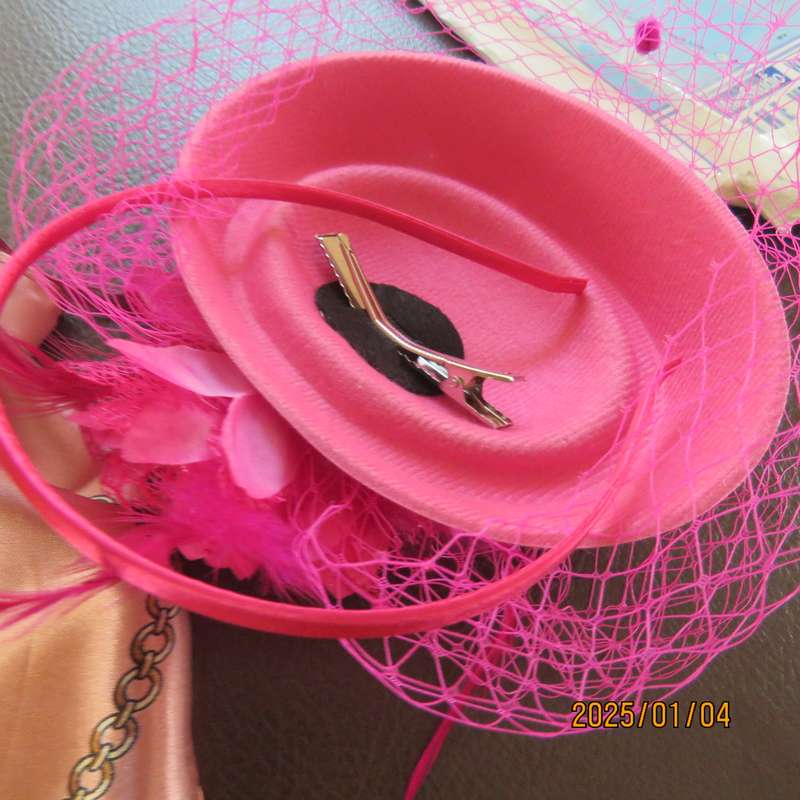 Magenta pink pillbox style fascinator.Netting on front.Flower and feathers. Thin satin alice band.
