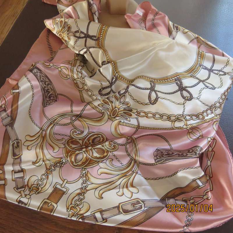 Beautiful silky shiny polyester rich cream-soft pink with golden brown belt-chain design. 80cmx80cm