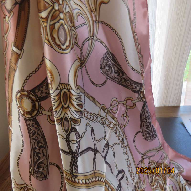 Beautiful silky shiny polyester rich cream-soft pink with golden brown belt-chain design. 80cmx80cm