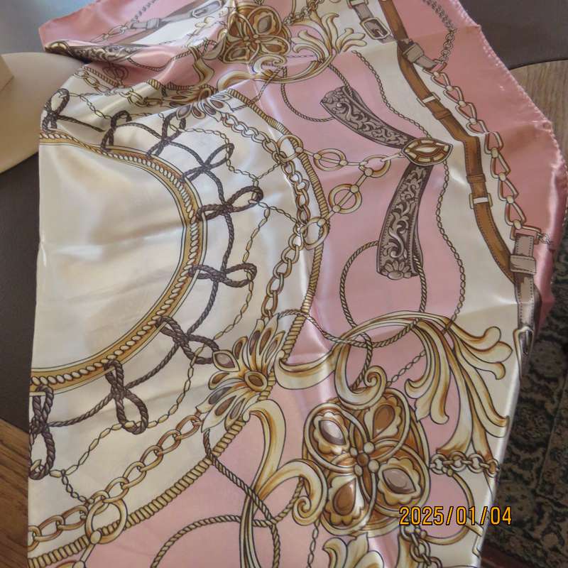 Beautiful silky shiny polyester rich cream-soft pink with golden brown belt-chain design. 80cmx80cm