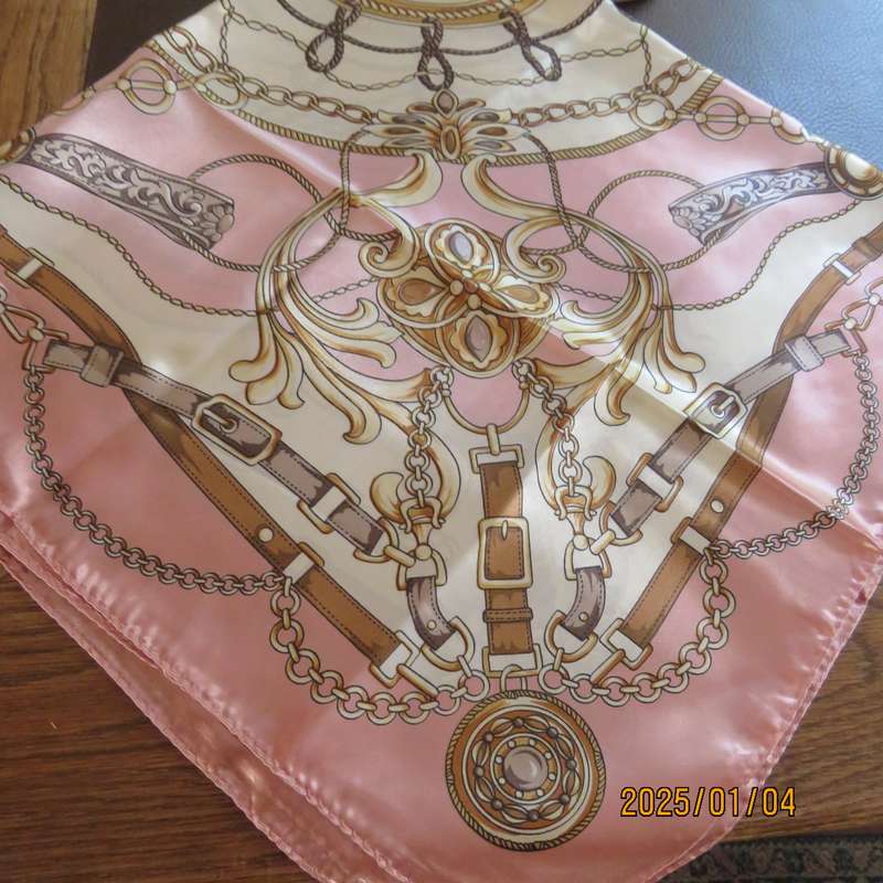Beautiful silky shiny polyester rich cream-soft pink with golden brown belt-chain design. 80cmx80cm