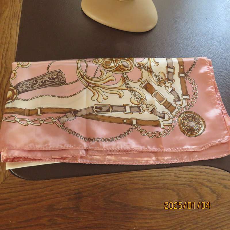 Beautiful silky shiny polyester rich cream-soft pink with golden brown belt-chain design. 80cmx80cm