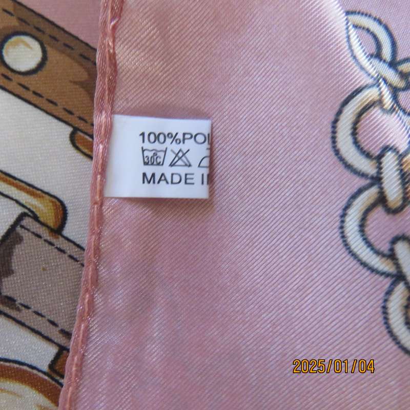 Beautiful silky shiny polyester rich cream-soft pink with golden brown belt-chain design. 80cmx80cm