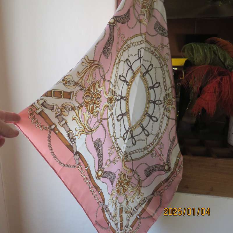 Beautiful silky shiny polyester rich cream-soft pink with golden brown belt-chain design. 80cmx80cm
