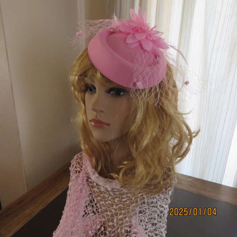 Rose pink pillbox style fascinator with flower-feathers-mesh decoration. Satin thin alice band.New