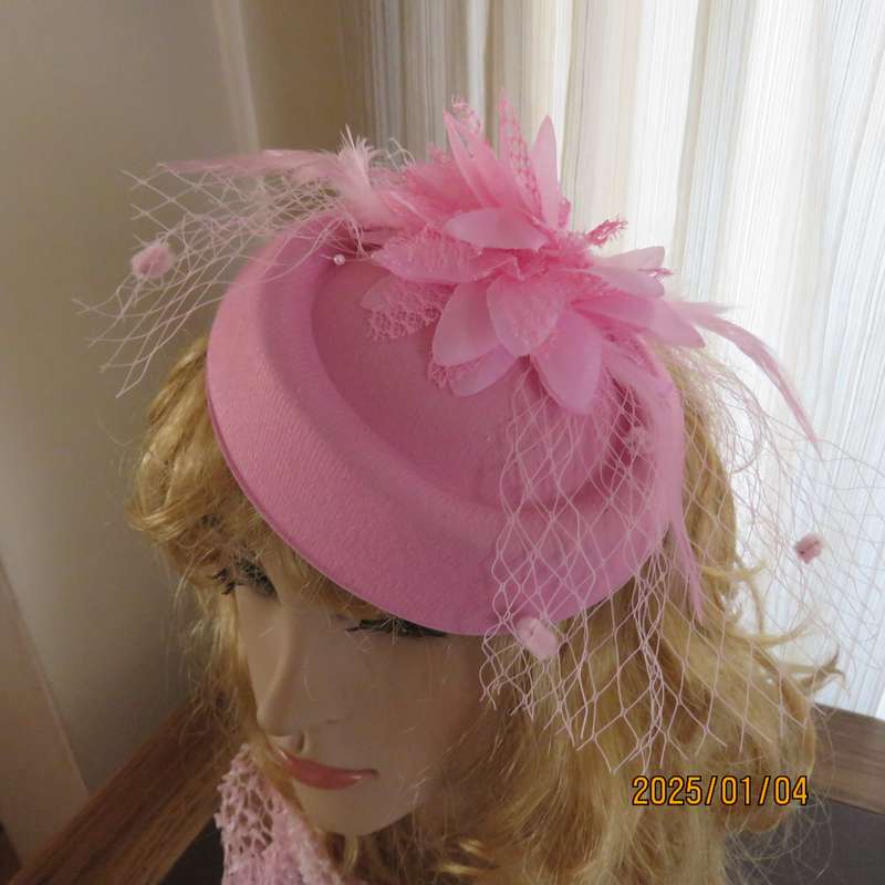 Rose pink pillbox style fascinator with flower-feathers-mesh decoration. Satin thin alice band.New