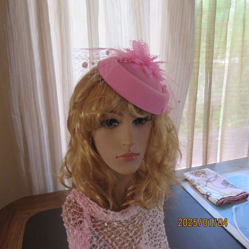 Rose pink pillbox style fascinator with flower-feathers-mesh decoration. Satin thin alice band.New