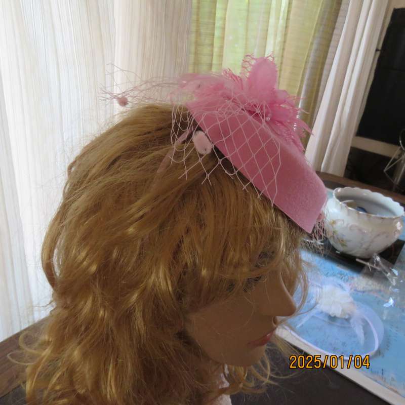 Rose pink pillbox style fascinator with flower-feathers-mesh decoration. Satin thin alice band.New