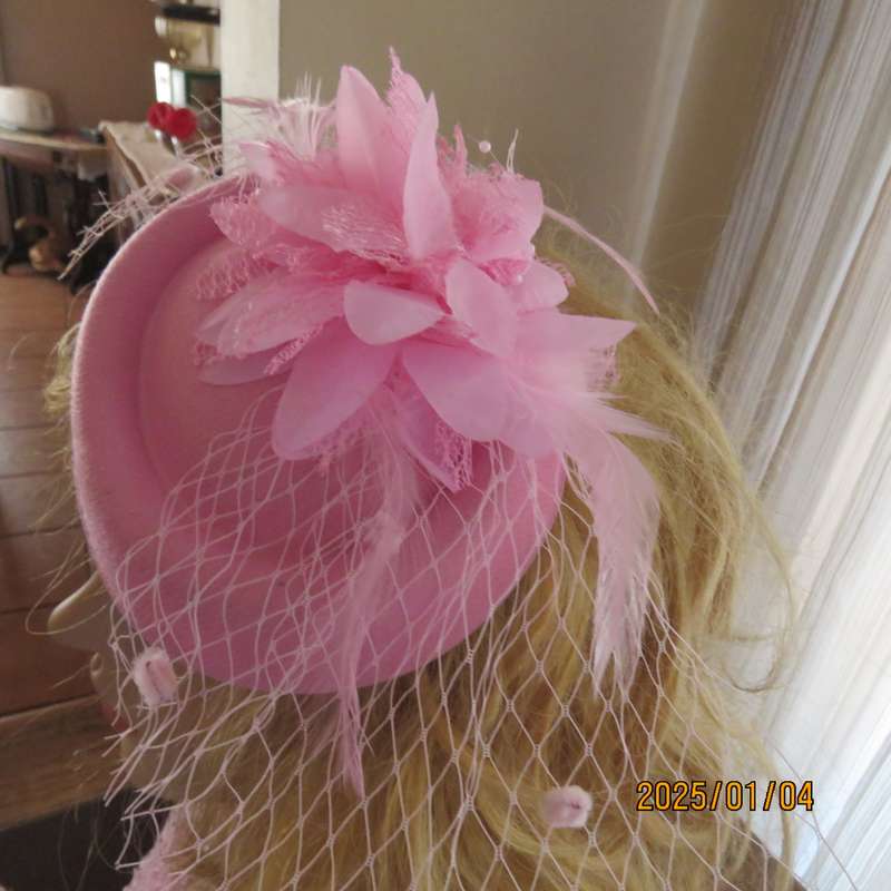 Rose pink pillbox style fascinator with flower-feathers-mesh decoration. Satin thin alice band.New