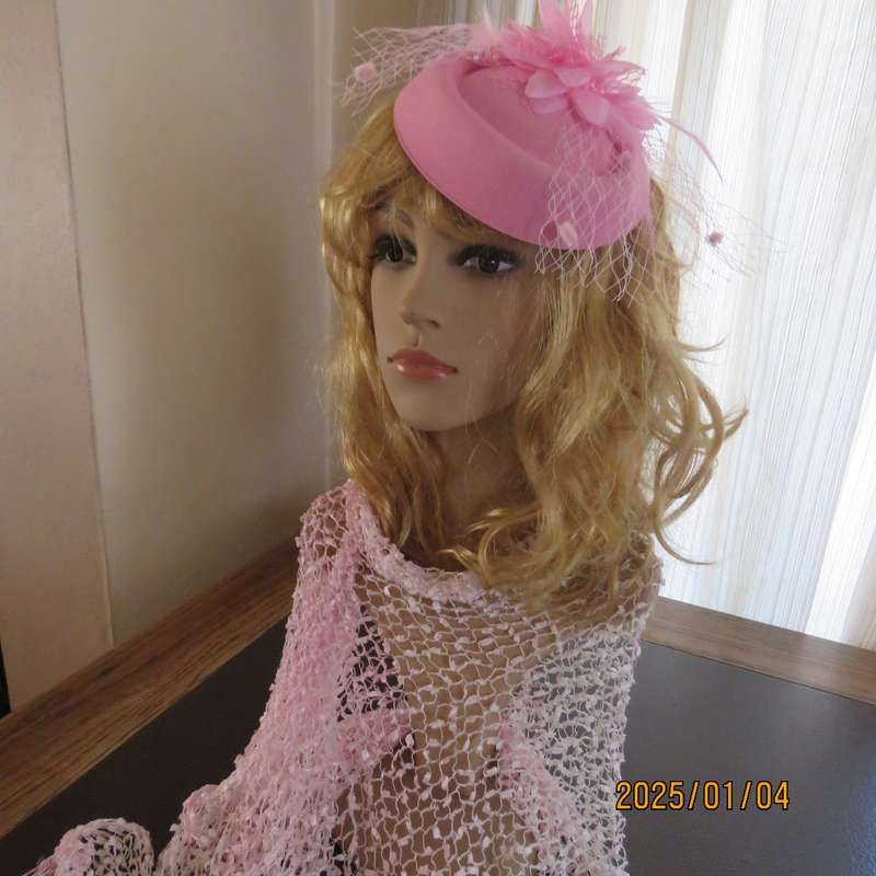 Rose pink pillbox style fascinator with flower-feathers-mesh decoration. Satin thin alice band.New