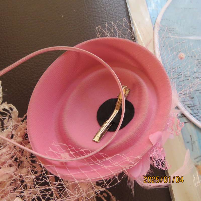Rose pink pillbox style fascinator with flower-feathers-mesh decoration. Satin thin alice band.New