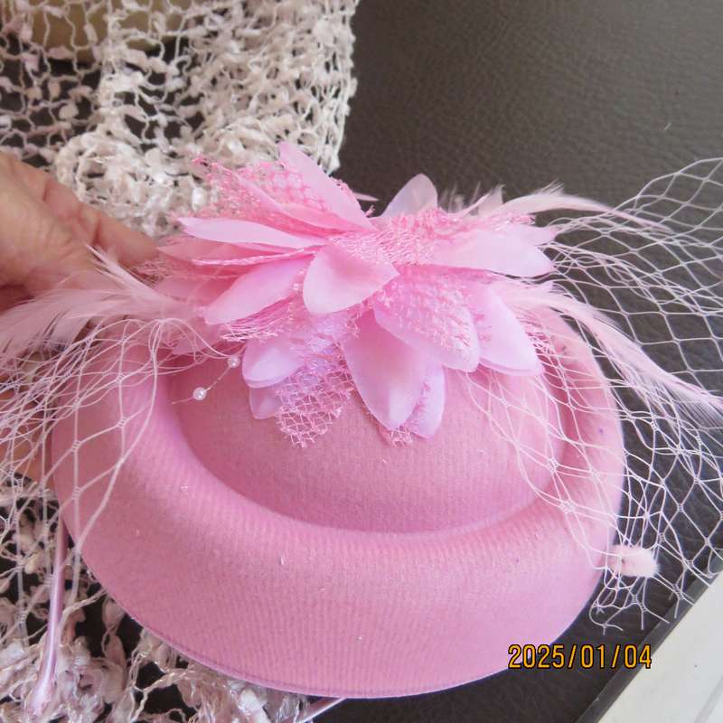 Rose pink pillbox style fascinator with flower-feathers-mesh decoration. Satin thin alice band.New