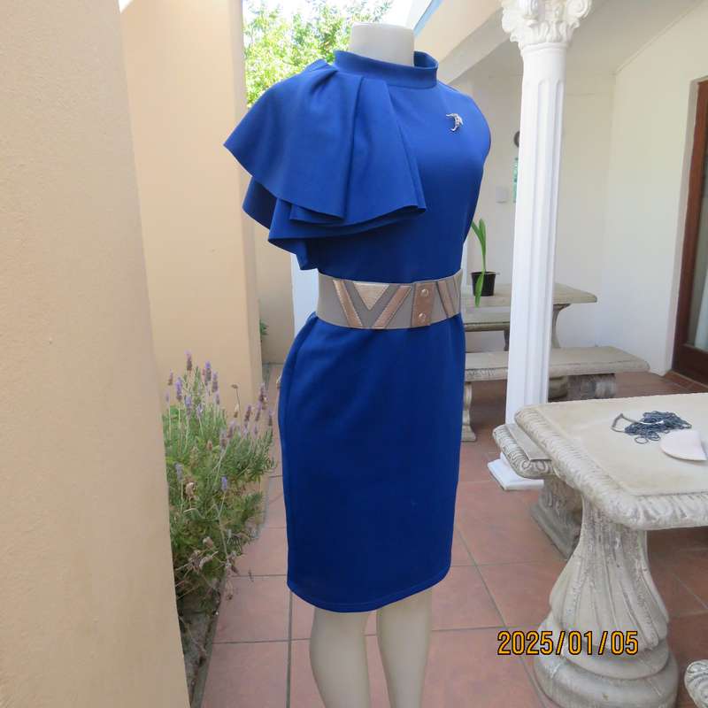 TRIBAL CHIC royal blue slip over size 36 stretch polyester dress. Right shoulder with pleated frill