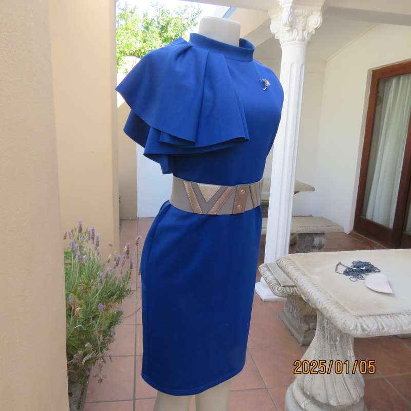 TRIBAL CHIC royal blue slip over size 36 stretch polyester dress. Right shoulder with pleated frill