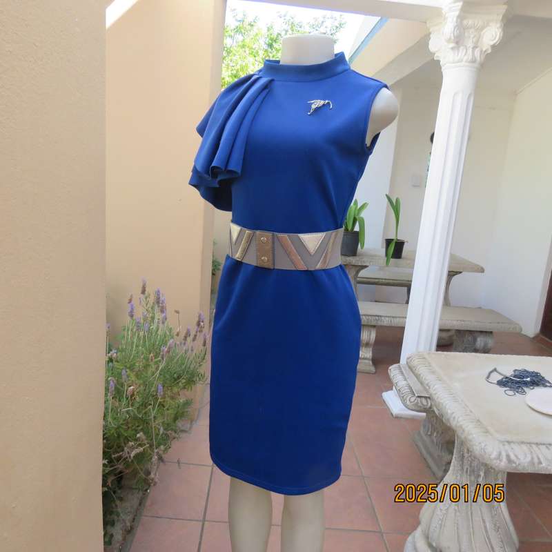 TRIBAL CHIC royal blue slip over size 36 stretch polyester dress. Right shoulder with pleated frill