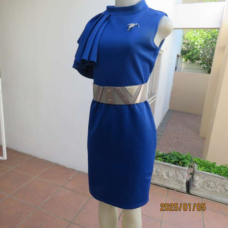 TRIBAL CHIC royal blue slip over size 36 stretch polyester dress. Right shoulder with pleated frill